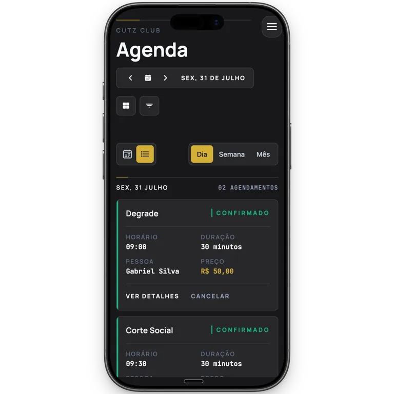 Agenda do CutzClub em visão de lista no celular