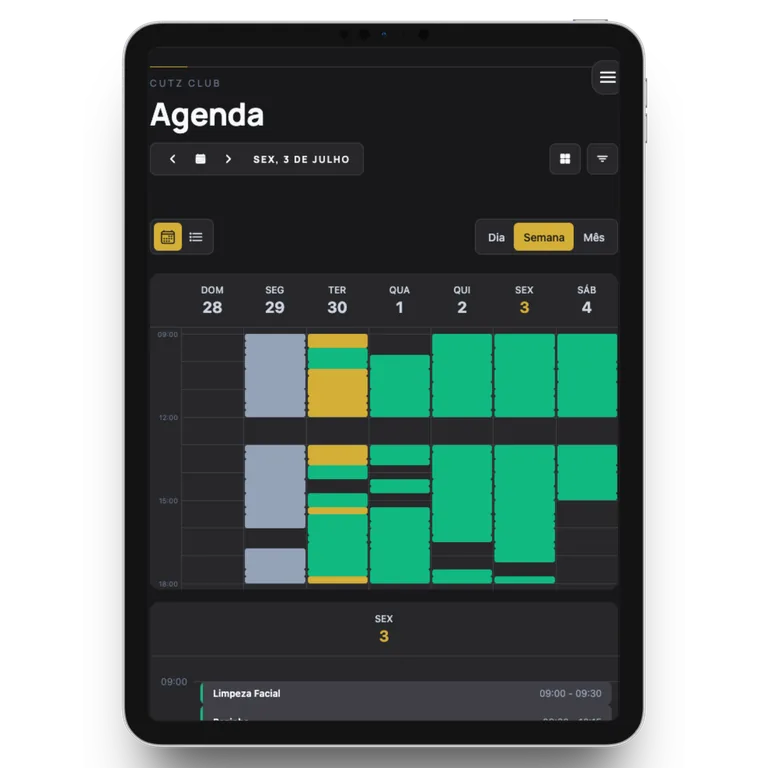 Agenda semanal do CutzClub no tablet