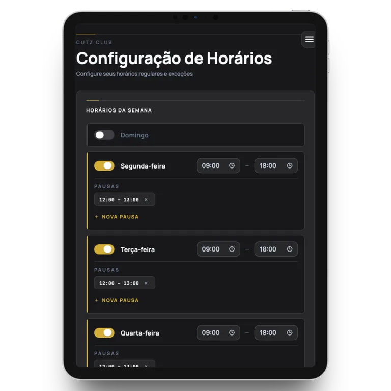 Configuração de horários do CutzClub no tablet